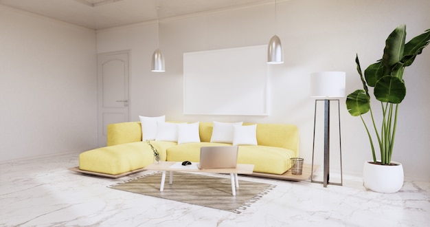 Interieur, woonkamer moderne minimalistische heeft gele bank op witte muur en granieten tegels vloer.3D-rendering