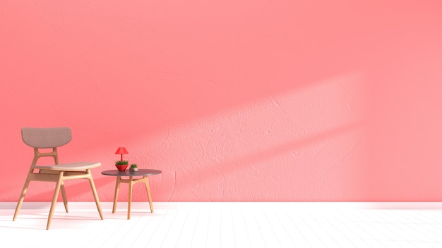 interieur woonkamer roze muur houten vloer interieur fauteuil lamp