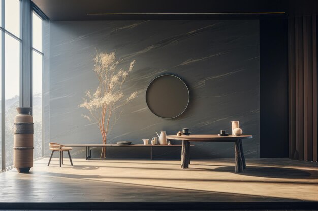 Interieurcompositie van de kamer met grijze wandpanelen en minimale decoratie