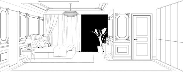 interieurcontour visualisatie, 3D illustratie, schets, schets