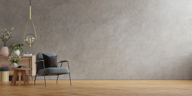 Interieurdecoratie met fauteuil op lege betonnen muur, 3D-rendering
