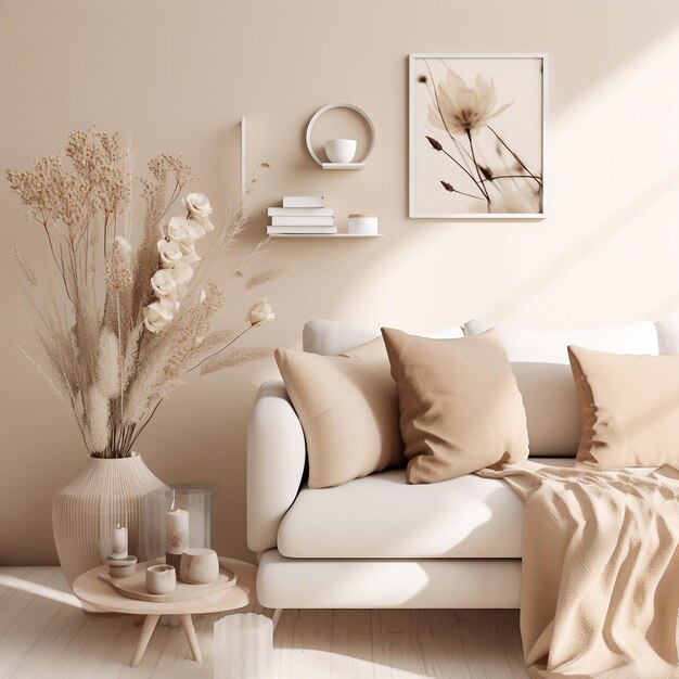 interieurfoto in life coaching-stijl met gezellige elementen, decor in minimalistische esthetische stijl en witte en beige tint