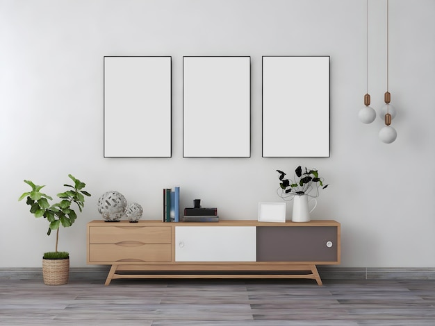 Interieurkamermodel met 3 blanco frames minimalis bureau en objectlamp en plant