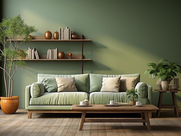 Interieurmodel met groene banktafel en decor Hoogwaardige mockups Generative Ai