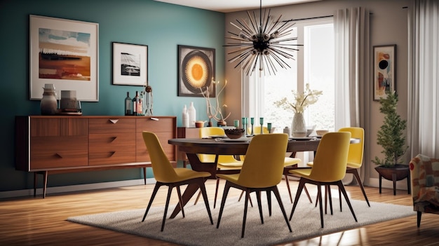 Interieurontwerp inspiratie van MidCentury Moderne Retro stijl thuis eetkamer schoonheid versierd met walnoot en leer materiaal en Starburst kroonluchter Generatieve AI huis interieurontwerp