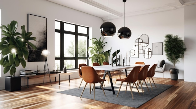 Interieurontwerp inspiratie van moderne minimale stijl thuis eetkamer schoonheid versierd met marmer en hout materiaal en kroonluchter Generatieve AI huis interieurontwerp