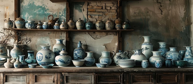 Interieurontwerp met vintage Chinese keramiek en aardewerk in een rustieke omgeving