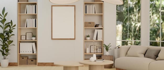 Interieurontwerp van een gezellige scandinavische woonkamer met beige bank leeg frame op witte muur