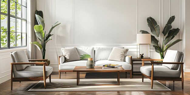 Interieurontwerp van een huis met bankjes, stoelen, koffietafel en planten