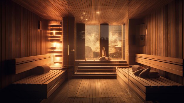 Interieurontwerp van een minimalistische houtgestookte sauna