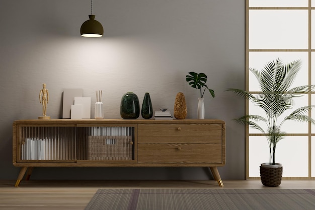 Interieurontwerp van een moderne minimale woonkamer met interieur op een houten kast