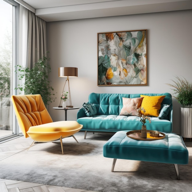 Interieurontwerp van een moderne woonkamer met een turquoise bank en stoel