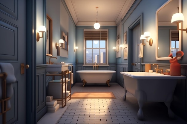 Interieurontwerp van een mooie moderne badkamer 3D-weergave van een modern toilet of badkamer in een hotel of huis