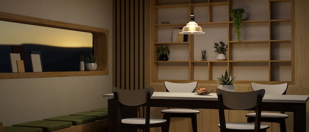 Interieurontwerp van een prachtige minimalistische eetkamer in Japanse stijl