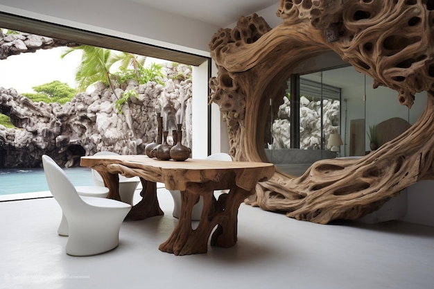 Interieurontwerp van huis en moderne houten tafel en stoel