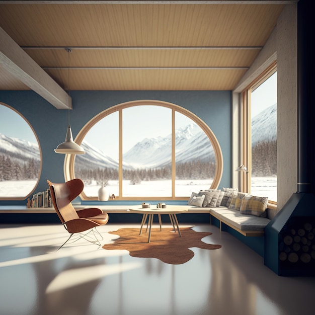 interieurontwerp van luxe interieur van een modern minimalistisch chalet met uitzicht op de bergen