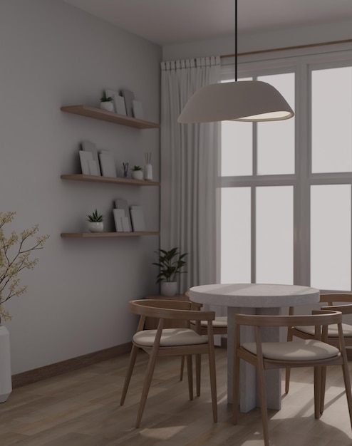 Interieurontwerp van minimalistische eetkamer met houten eettafel stijlvolle hangende kamerplant