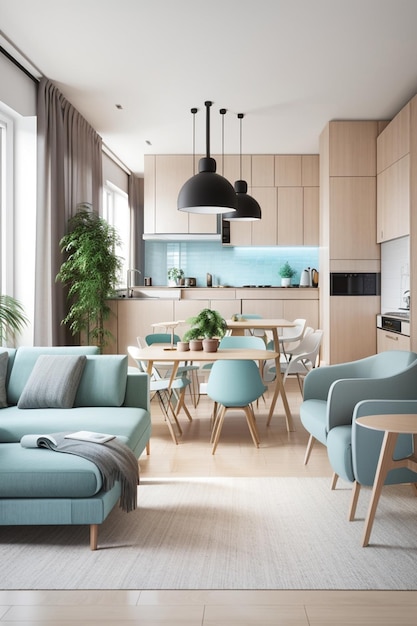 Interieurontwerp van modern Scandinavisch appartement woonkamer en eetkamer panorama 3D-rendering