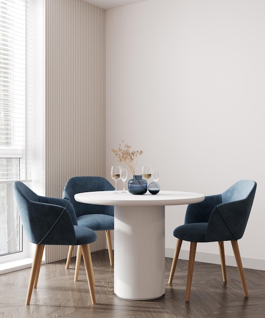 Interieurontwerp van moderne eetkamer met blauwe meubels en witte tafel in Scandinavische stijl