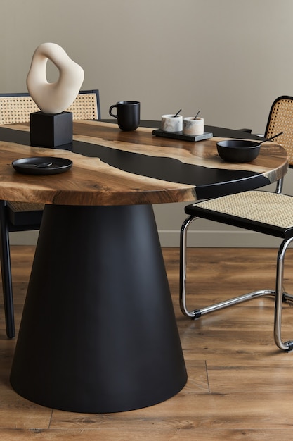 Interieurontwerp van moderne eetkamerruimte met stijlvolle stoelen, houten tafel, decoratie, keramisch vat, theepot met kopjes. Leuke woondecoratie..