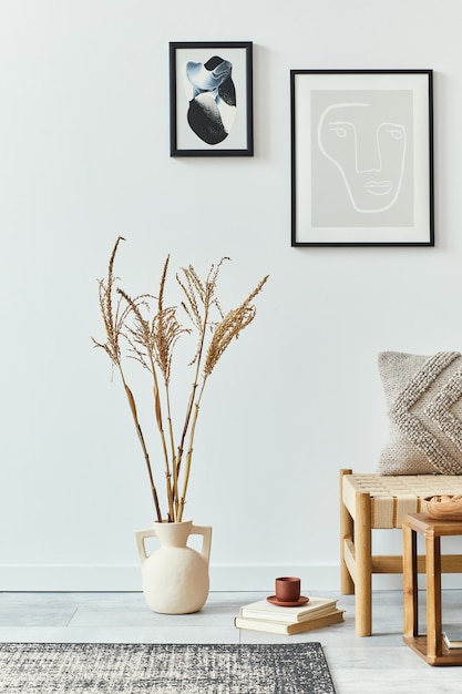 Interieurontwerp van Scandinavische woonkamer met stijlvolle bank, mock-up posterframes, boek, gedroogde bloem in vaas, decoratie en persoonlijke accessoires in retro interieur