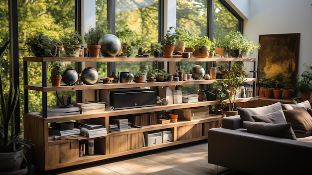 Interieurontwerp van woonkamer met houten console prachtige samenstelling van planten Generatieve AI