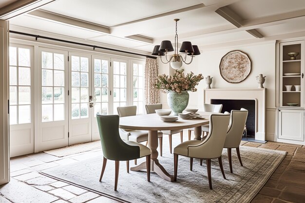 Interieurontwerp witte eetkamer decor en huisverbetering meubels tafel stoelen en huis decor landelijke cottage stijl generatieve ai