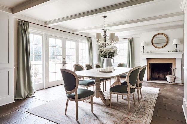 Interieurontwerp witte eetkamerinrichting en huisverbeteringsmeubels tafelstoelen en woondecoratie landelijke cottage-stijl generatieve ai