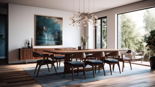 Interieurontwerpinspiratie van de moderne minimalistische stijl van de eetkamer, de lieflijkheid versierd met hout en glas en kroonluchter Generatief AI-interieurontwerp