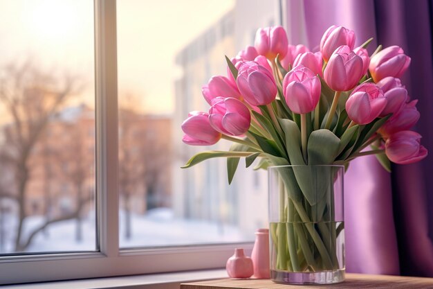 interieurvenster met roze bloemen op de stoep