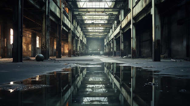 The interior of an abandoned factory is illuminated by bright lights