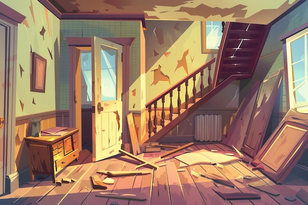 The interior of an abandoned house filled with mess and broken furniture reveals a messy hallway The door is boarded up garbage is everywhere the staircase is broken and the floor is cracked