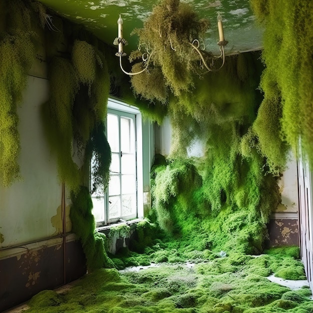 Interior of abandoned overgrown house