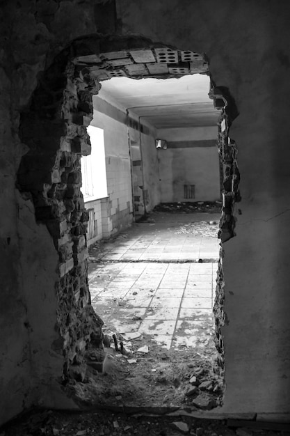Interior of abandoned restaurant Black and white tone