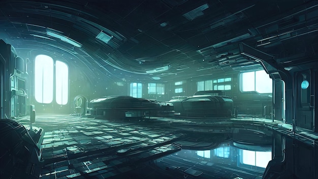 Interior of an abandoned space station empty room Light from windows and portholes illuminates hall of space station Something strange is happening 3d illustration