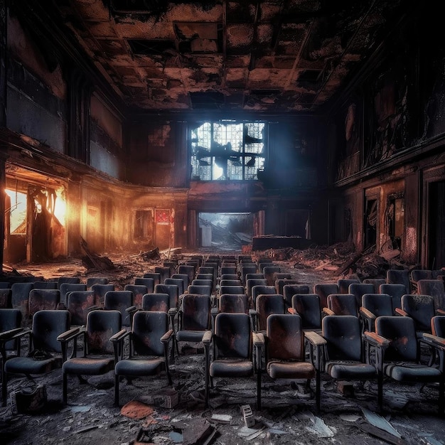 Interior of abandoned theater with empty chairs