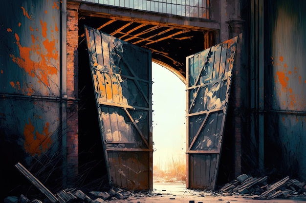 Interior of an abandoned warehouse with broken roll gates