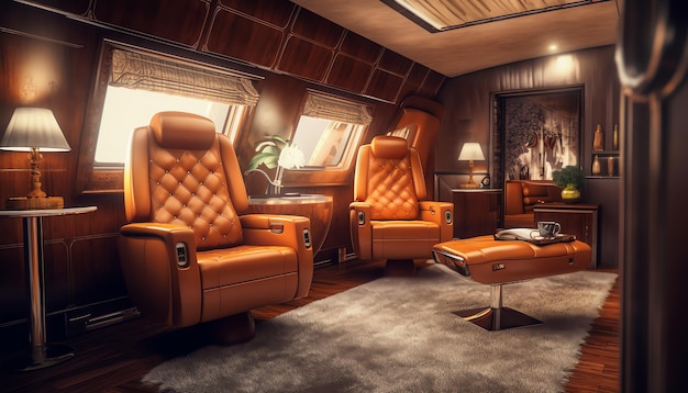 The interior of an airplane with a couch and chairs