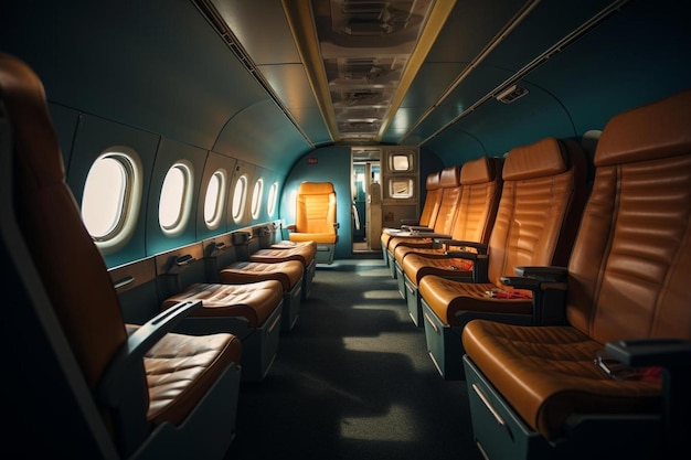 interior of an airplane with seats and a row of seats