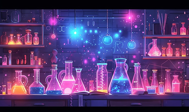 Interior of Alchemy Laboratory Room With Bubbling Potions and Mystical F VR Concept Idea Neon Glow