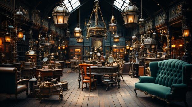 Interior of an antique store with old vintage classical objects and furniture Generative Ai