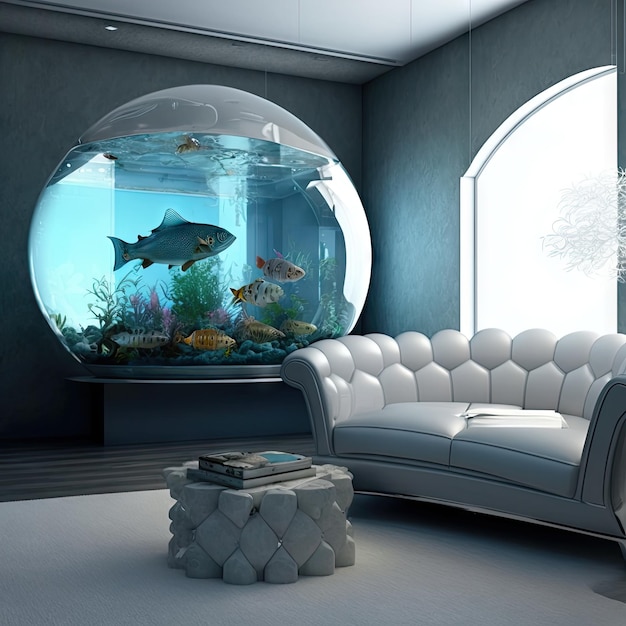 インテリア アクアリウム タンク モダンなホーム デザイン 大きな魚タンク 抽象的な生成 AI イラスト