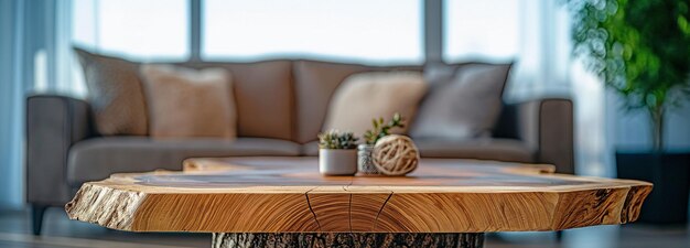 An interior area with a sawnwood table top against the backdrop of a sofa