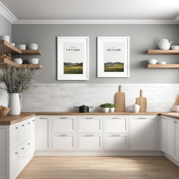 Photo interior artificial white frame in farmhouse kitchen 3d rendered white frame mockup