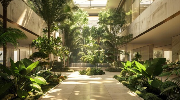 Interior atrium with towering trees and lush foliage creating a tranquil green space inside a modern building