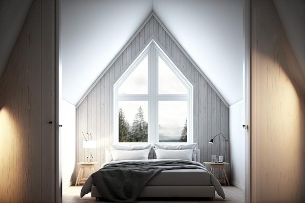 Интерьер мансардной спальни с белыми стенами, деревянным полом, большой двуспальной кроватью и чердачным окном, макет