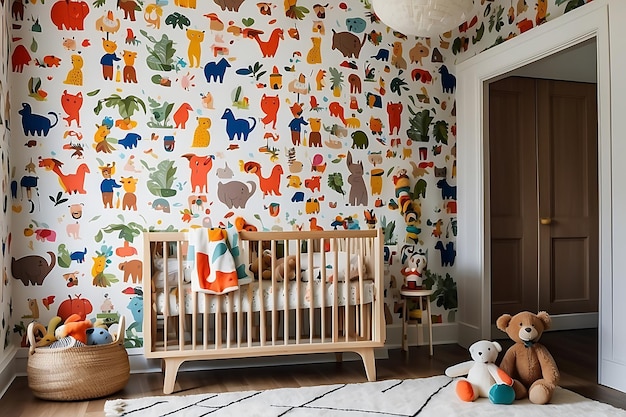 Interior of a baby room with a crib toys and a window