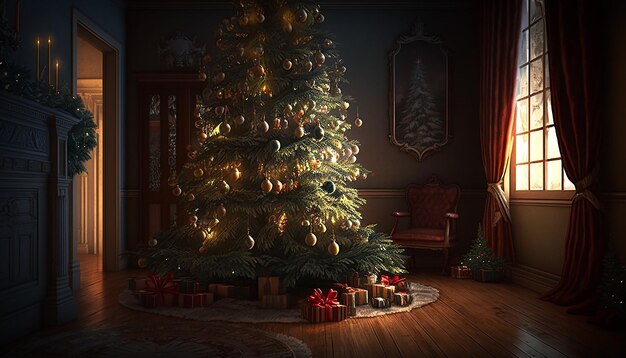 Interior background, Christmas tree, Generative ai