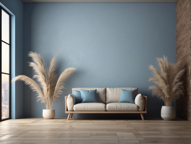 Interior background of empty room with beige and blue stucco brick wall with copy space