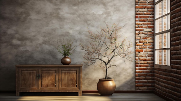 Interior background of room with brick wall vase